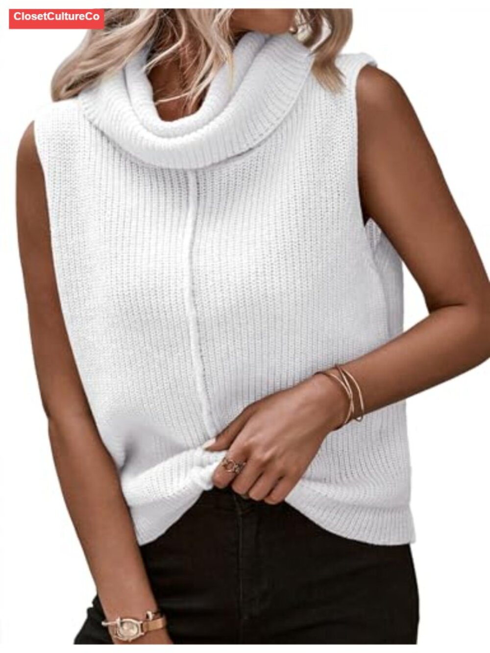 Cowl Neck Ribbed Knit Sweater Vest Sleeveless Pullover Tank Top